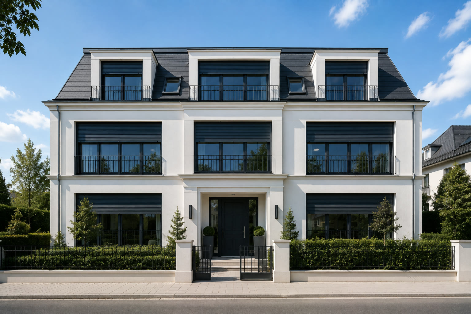 Weisse Stadtvilla mit dunklen Fensterrahmen: an allen Fenstern sind Rollladen unterschiedlich weit heruntergefahren, einige offen, einige halb, einige geschlossen